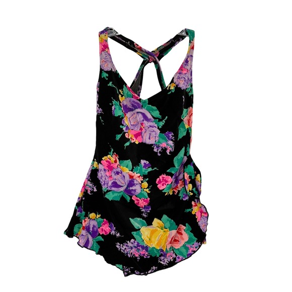 Other - Vintage Floral Swim Dress Black Multi Color Ruffle One Piece Swimsuit Size L